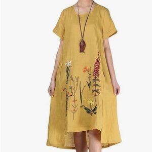 Boho Chic Floral Embroidered Linen Cotton Summer Tunic Dress